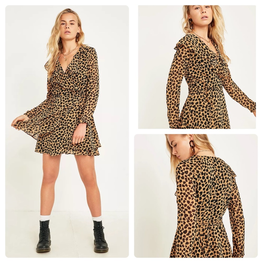 Free People Frenchie Leopard Print Long Sleeve Wrap Mini Dress